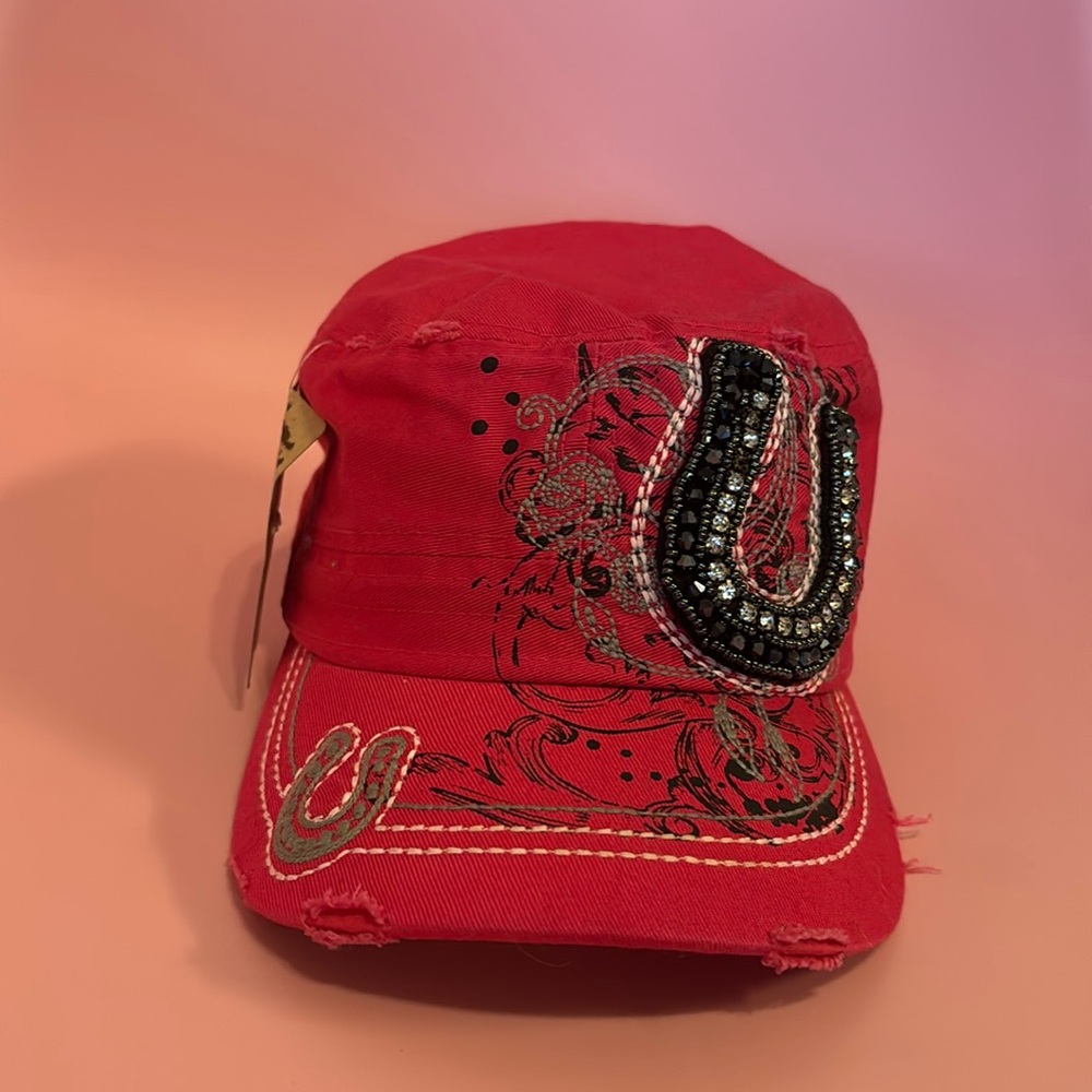 Pink western newsboy style ball cap with black rhinestone horseshoe
